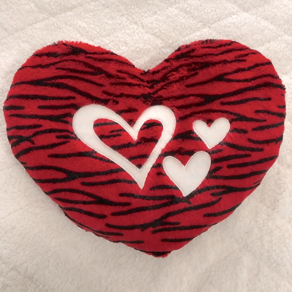 Valentine heart shaped red & white pillow with black tiger stripes